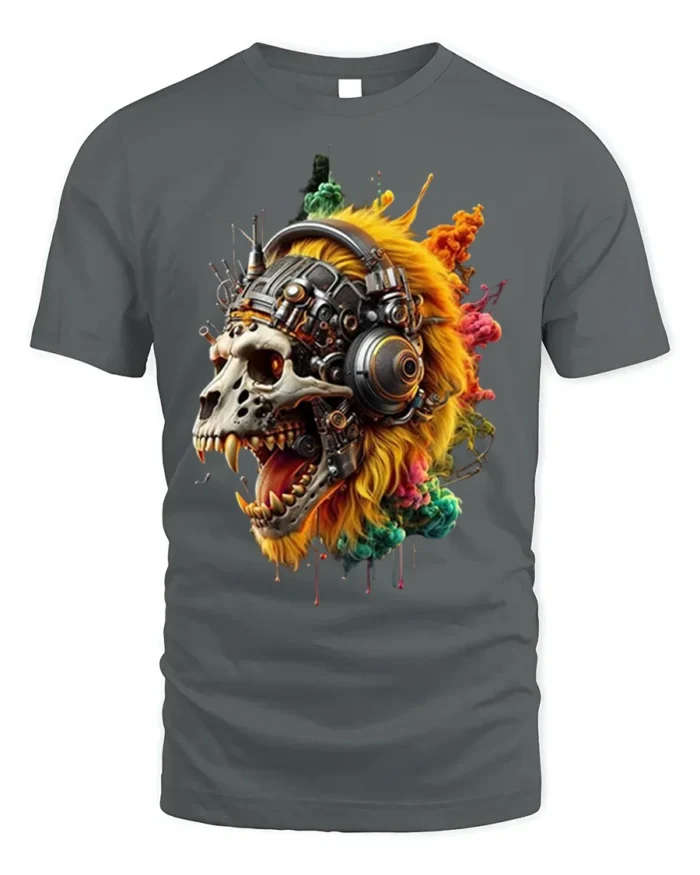 Cyberpunk Lion Skull T-Shirt with Futuristic Headphones - gray t-shirt on white background