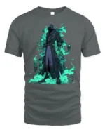Shadow Mage Fantasy T-Shirt with Glowing Green Flames - gray t-shirt on white background