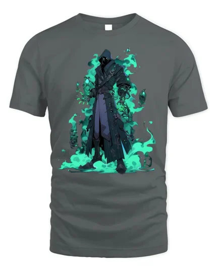 Shadow Mage Fantasy T-Shirt with Glowing Green Flames - gray t-shirt on white background
