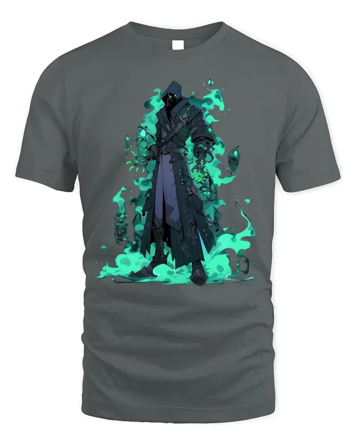Shadow Mage Fantasy T-Shirt with Glowing Green Flames - gray t-shirt on white background