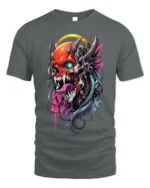 Demon Skull T-Shirt with Neon Tongue and Glowing Eyes - gray t-shirt on white background