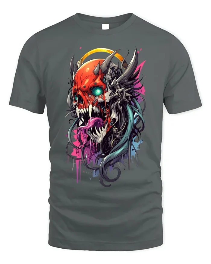 Demon Skull T-Shirt with Neon Tongue and Glowing Eyes - gray t-shirt on white background
