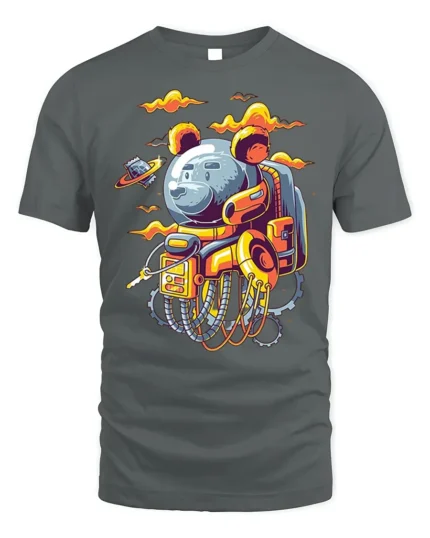 Space Bear Astronaut T-Shirt with Robot Suit Artwork - gray t-shirt on white background