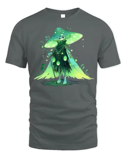 Forest Mushroom Wizard T-Shirt with Enchanted Green Cloak - gray t-shirt on white background