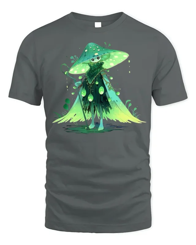 Forest Mushroom Wizard T-Shirt with Enchanted Green Cloak - gray t-shirt on white background