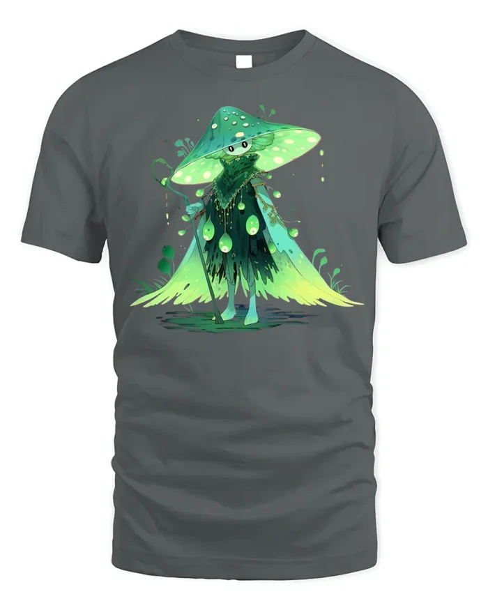 Forest Mushroom Wizard T-Shirt with Enchanted Green Cloak - gray t-shirt on white background