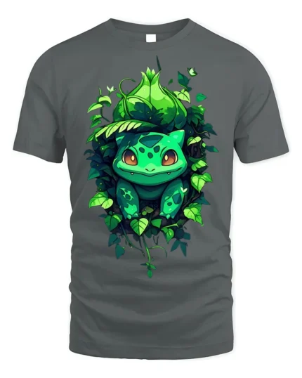 Cute Bulba Inspired T-Shirt Jungle Leaf Creature Design - gray t-shirt on white background