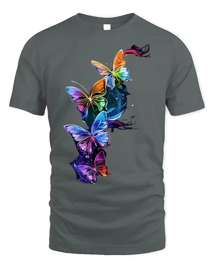 Colorful Butterfly Galaxy T-Shirt with Vibrant Art Print - gray t-shirt on white background