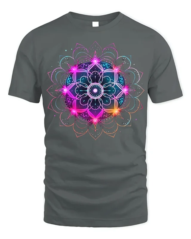 Vibrant Mandala Energy T-Shirt Neon Spiritual Art - gray t-shirt on white background