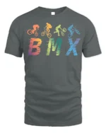 Retro BMX Trick T-Shirt Colorful Bike Rider Silhouette - gray t-shirt on white background