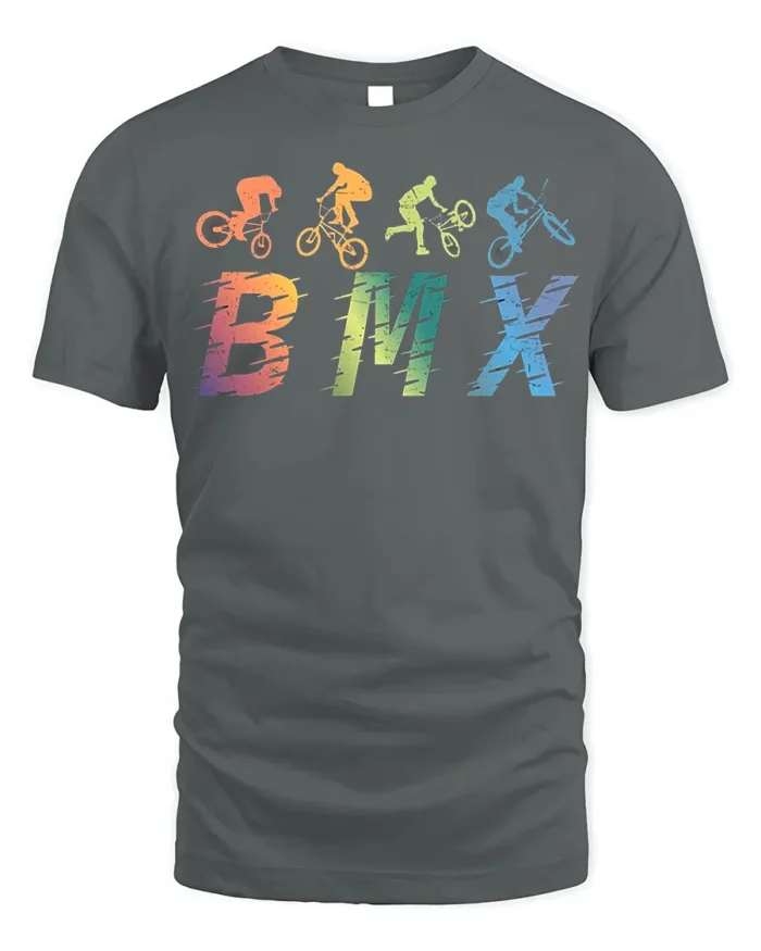 Retro BMX Trick T-Shirt Colorful Bike Rider Silhouette - gray t-shirt on white background