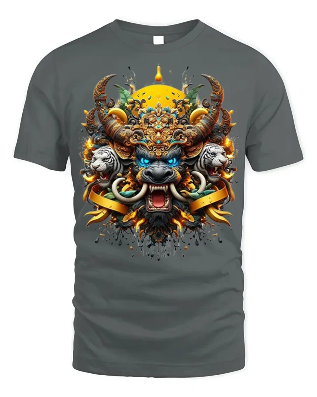 Mythical Beast Warrior T-Shirt Fierce Tribal Animal Art - gray t-shirt on white background