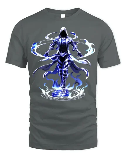 Electric Mage Summoning T-Shirt Blue Magic Power - gray t-shirt on white background