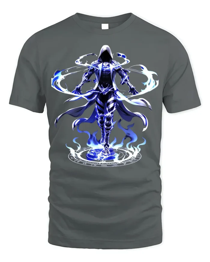 Electric Mage Summoning T-Shirt Blue Magic Power - gray t-shirt on white background
