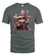 Cute Dark Wizard T-Shirt Cartoon Mage with Skull Staff - gray t-shirt on white background