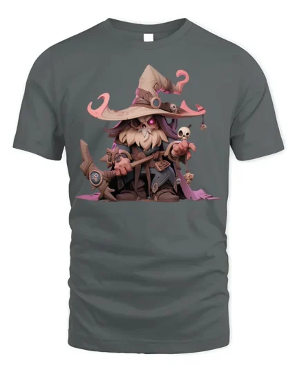 Cute Dark Wizard T-Shirt Cartoon Mage with Skull Staff - gray t-shirt on white background