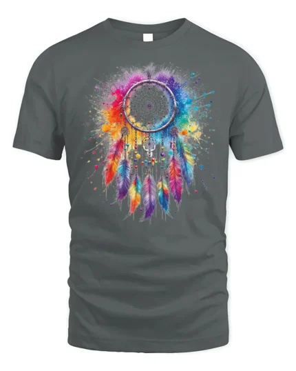 Colorful Dreamcatcher T-Shirt Boho Feather Art - gray t-shirt on white background