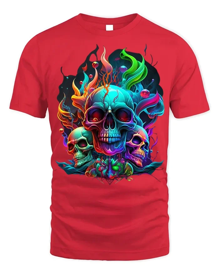 Psychedelic Skull T-Shirt Colorful Gothic Flame Design - red t-shirt on white background