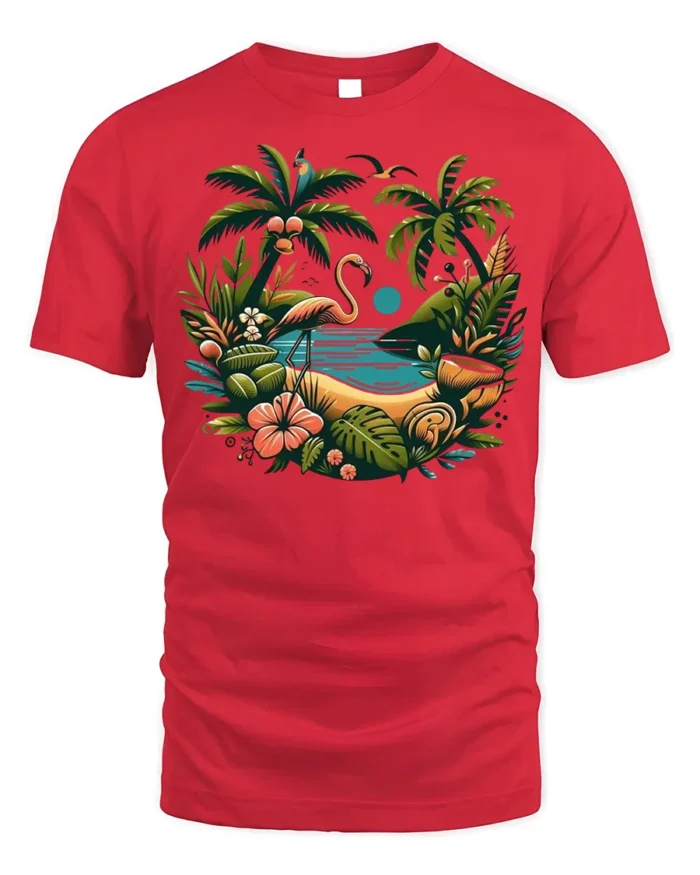 Flamingo Tropical Paradise T-Shirt Island Beach Vibe - red t-shirt on white background