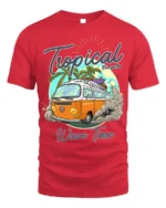 Tropical Beach Surf Van T-Shirt with Vintage Summer Vibe - red t-shirt on white background