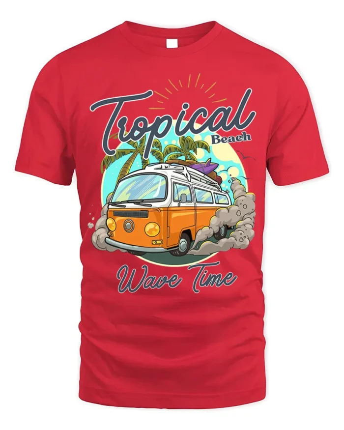 Tropical Beach Surf Van T-Shirt with Vintage Summer Vibe - red t-shirt on white background