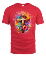 He Is Risen Floral Cross T-Shirt with Color Splash Design - red t-shirt on white background