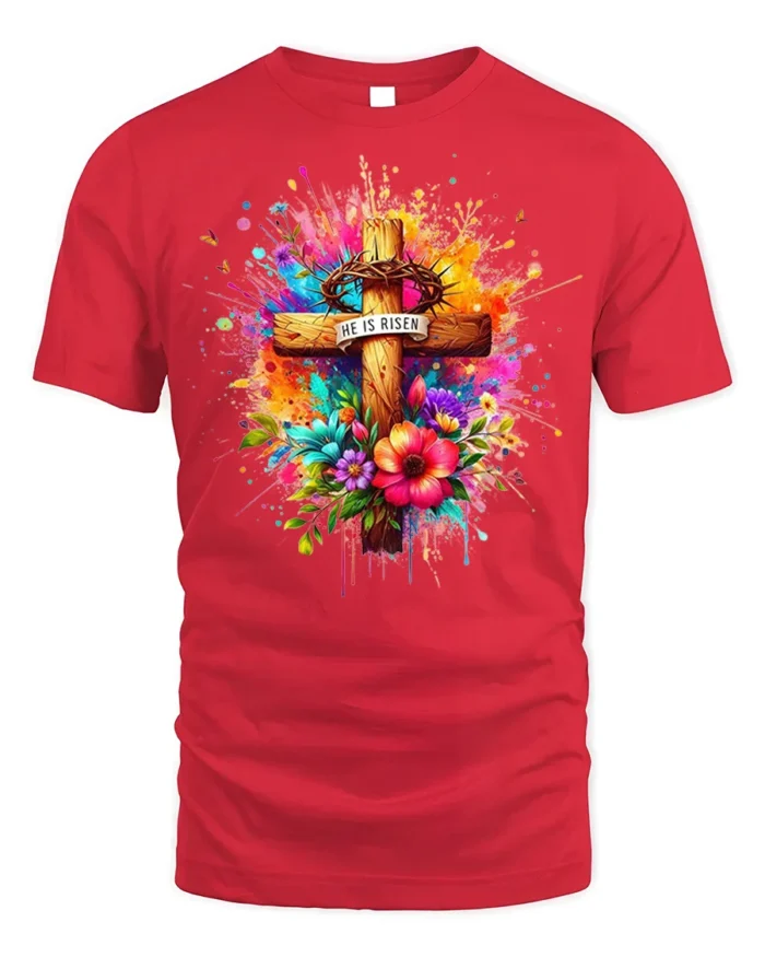He Is Risen Floral Cross T-Shirt with Color Splash Design - red t-shirt on white background