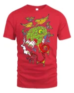 Trippy Brain Cartoon T-Shirt with Flying Eyeballs Design - red t-shirt on white background