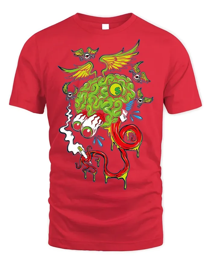 Trippy Brain Cartoon T-Shirt with Flying Eyeballs Design - red t-shirt on white background