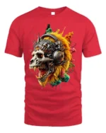 Cyberpunk Lion Skull T-Shirt with Futuristic Headphones - red t-shirt on white background