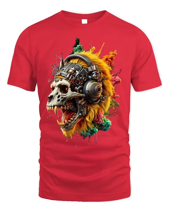 Cyberpunk Lion Skull T-Shirt with Futuristic Headphones - red t-shirt on white background