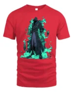 Shadow Mage Fantasy T-Shirt with Glowing Green Flames - red t-shirt on white background