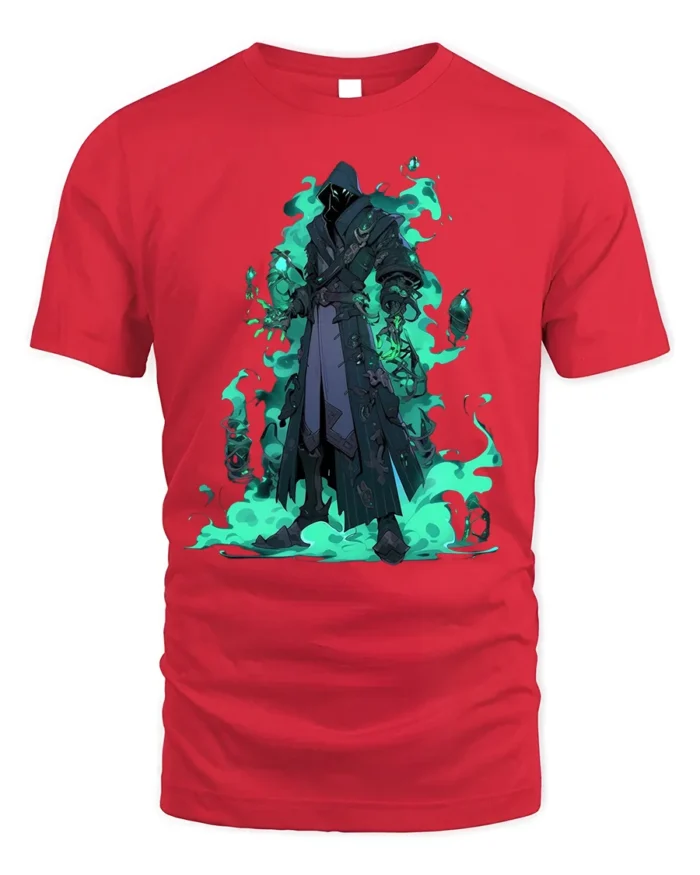Shadow Mage Fantasy T-Shirt with Glowing Green Flames - red t-shirt on white background