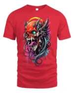 Demon Skull T-Shirt with Neon Tongue and Glowing Eyes - red t-shirt on white background