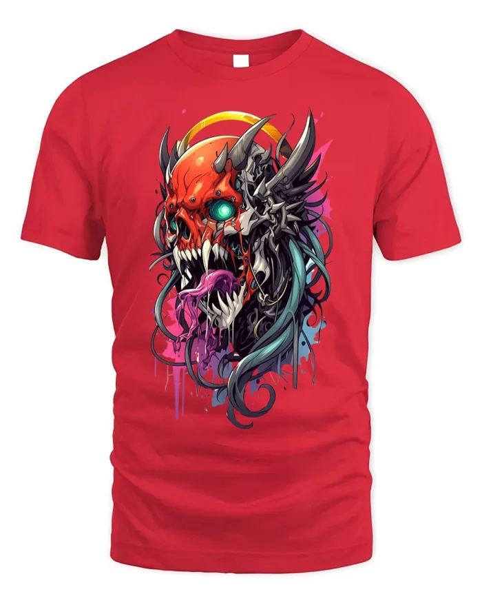 Demon Skull T-Shirt with Neon Tongue and Glowing Eyes - red t-shirt on white background