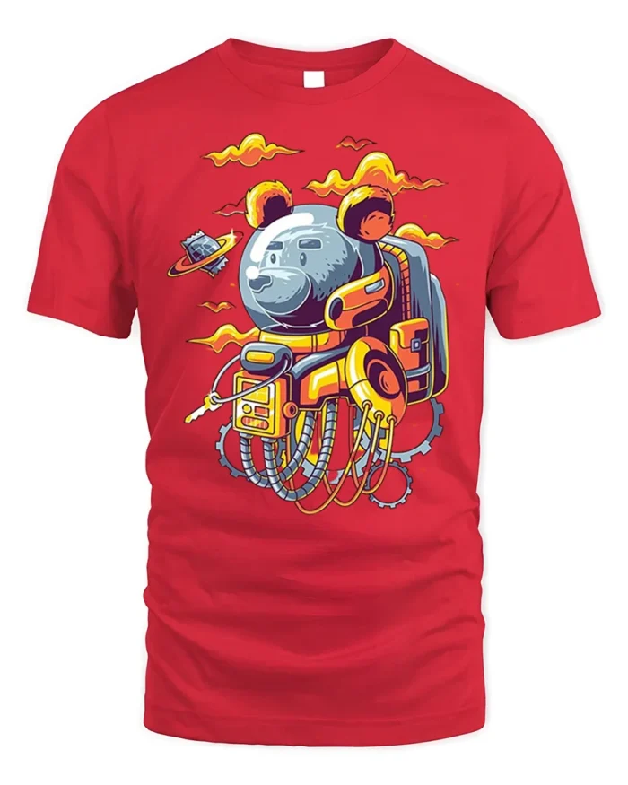 Space Bear Astronaut T-Shirt with Robot Suit Artwork - red t-shirt on white background