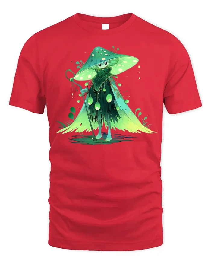 Forest Mushroom Wizard T-Shirt with Enchanted Green Cloak - red t-shirt on white background