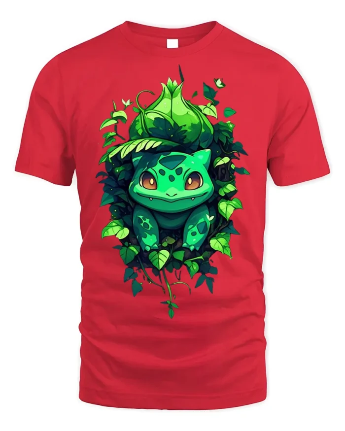 Cute Bulba Inspired T-Shirt Jungle Leaf Creature Design - red t-shirt on white background