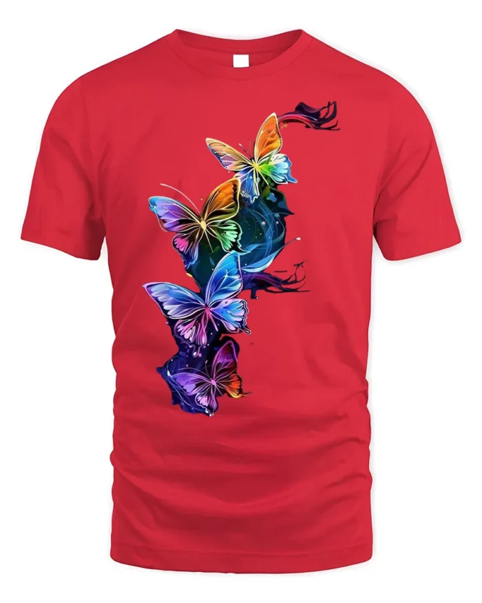 Colorful Butterfly Galaxy T-Shirt with Vibrant Art Print - red t-shirt on white background