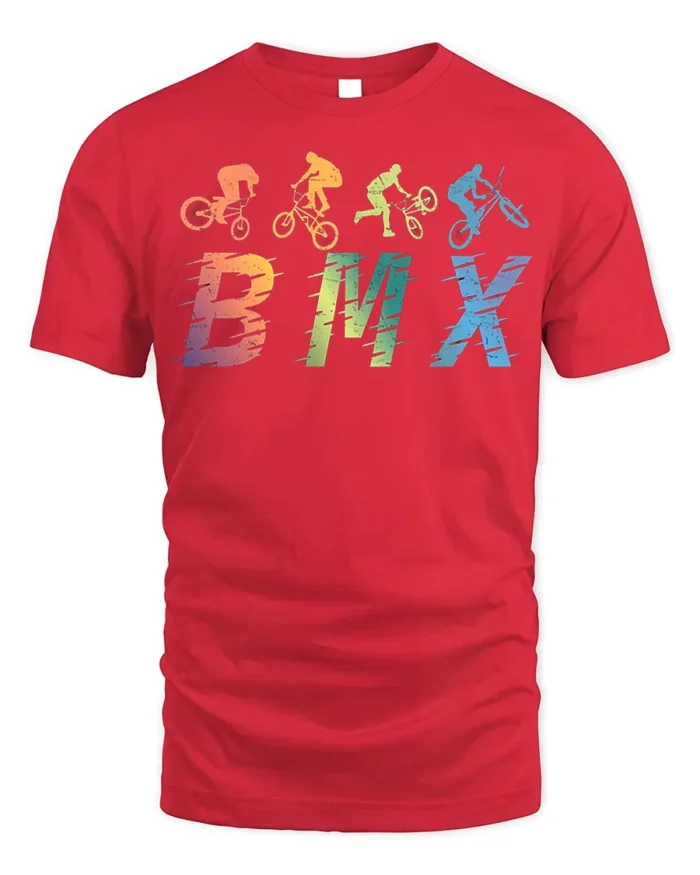 Retro BMX Trick T-Shirt Colorful Bike Rider Silhouette - red t-shirt on white background