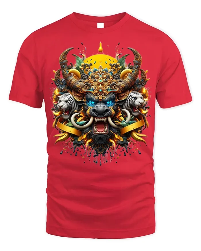 Mythical Beast Warrior T-Shirt Fierce Tribal Animal Art - red t-shirt on white background