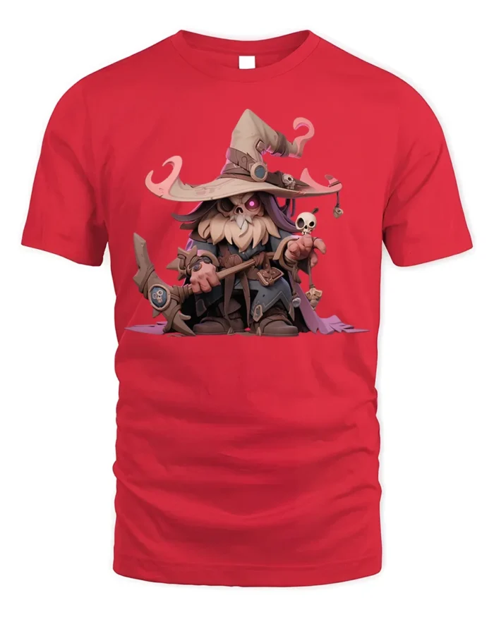 Cute Dark Wizard T-Shirt Cartoon Mage with Skull Staff - red t-shirt on white background