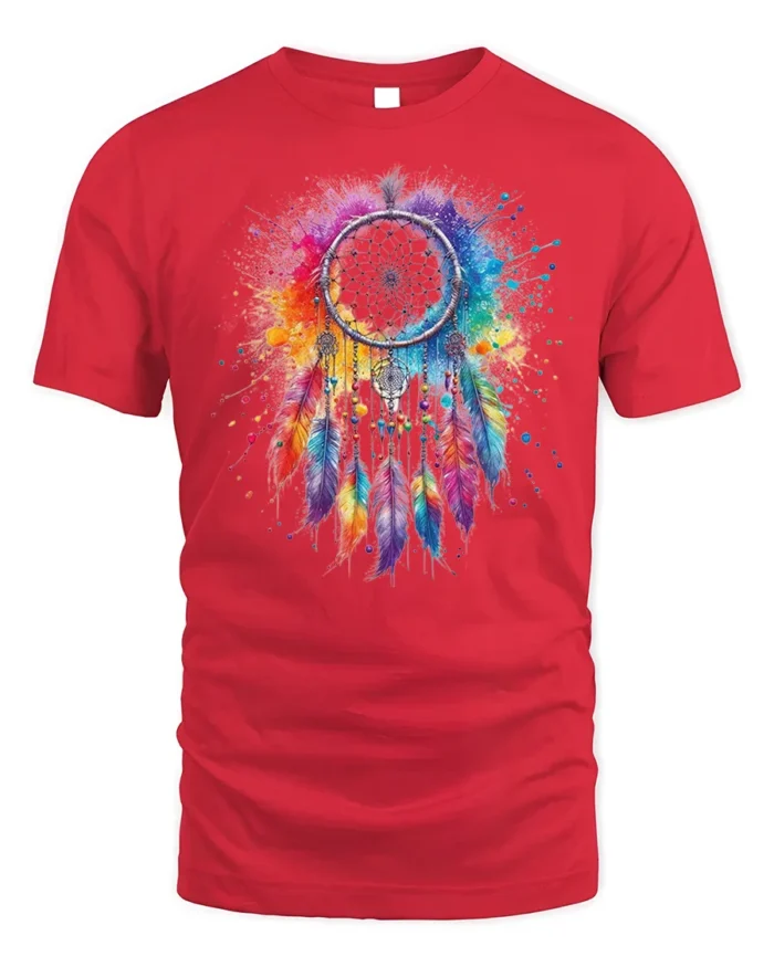 Colorful Dreamcatcher T-Shirt Boho Feather Art - red t-shirt on white background