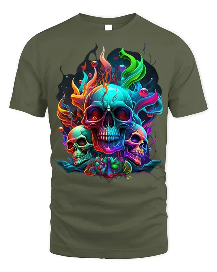 Psychedelic Skull T-Shirt Colorful Gothic Flame Design - military green t-shirt on white background