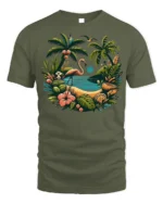 Flamingo Tropical Paradise T-Shirt Island Beach Vibe - military green t-shirt on white background