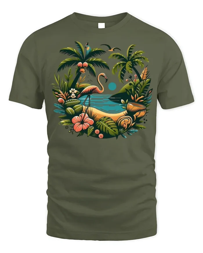 Flamingo Tropical Paradise T-Shirt Island Beach Vibe - military green t-shirt on white background