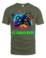 Vibrant Gaming Controller Graphic T-Shirt for Gamers - military green t-shirt on white background