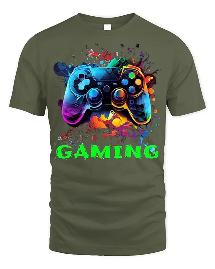 Vibrant Gaming Controller Graphic T-Shirt for Gamers - military green t-shirt on white background