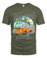 Tropical Beach Surf Van T-Shirt with Vintage Summer Vibe - military green t-shirt on white background