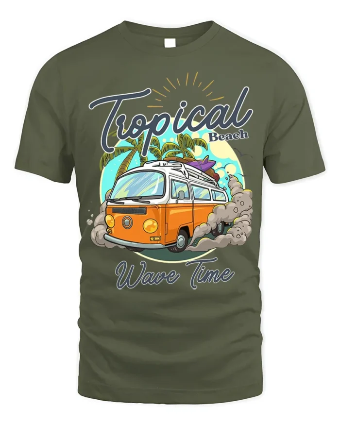 Tropical Beach Surf Van T-Shirt with Vintage Summer Vibe - military green t-shirt on white background